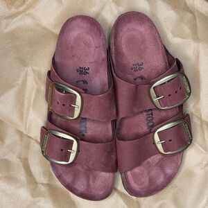 Birkenstock Burgundy Two-Strap Suede Sandals with Brass Buckles